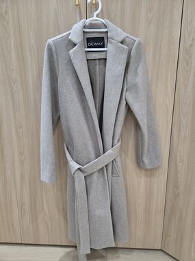 Women's Light Gray Belted Wool-Blend Long Coat